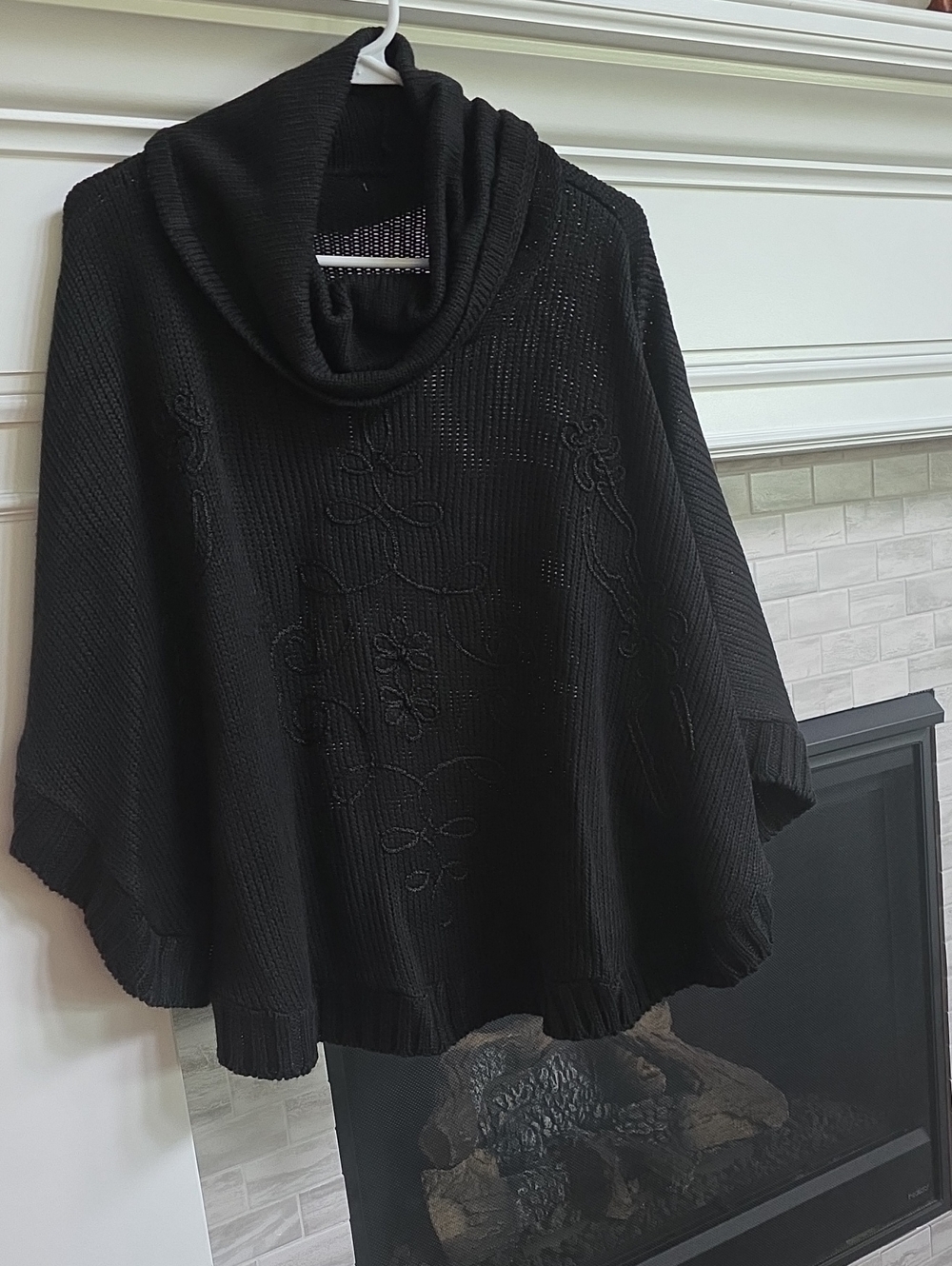 Cozy Cowl Neck Knit Poncho Sweater - Black
